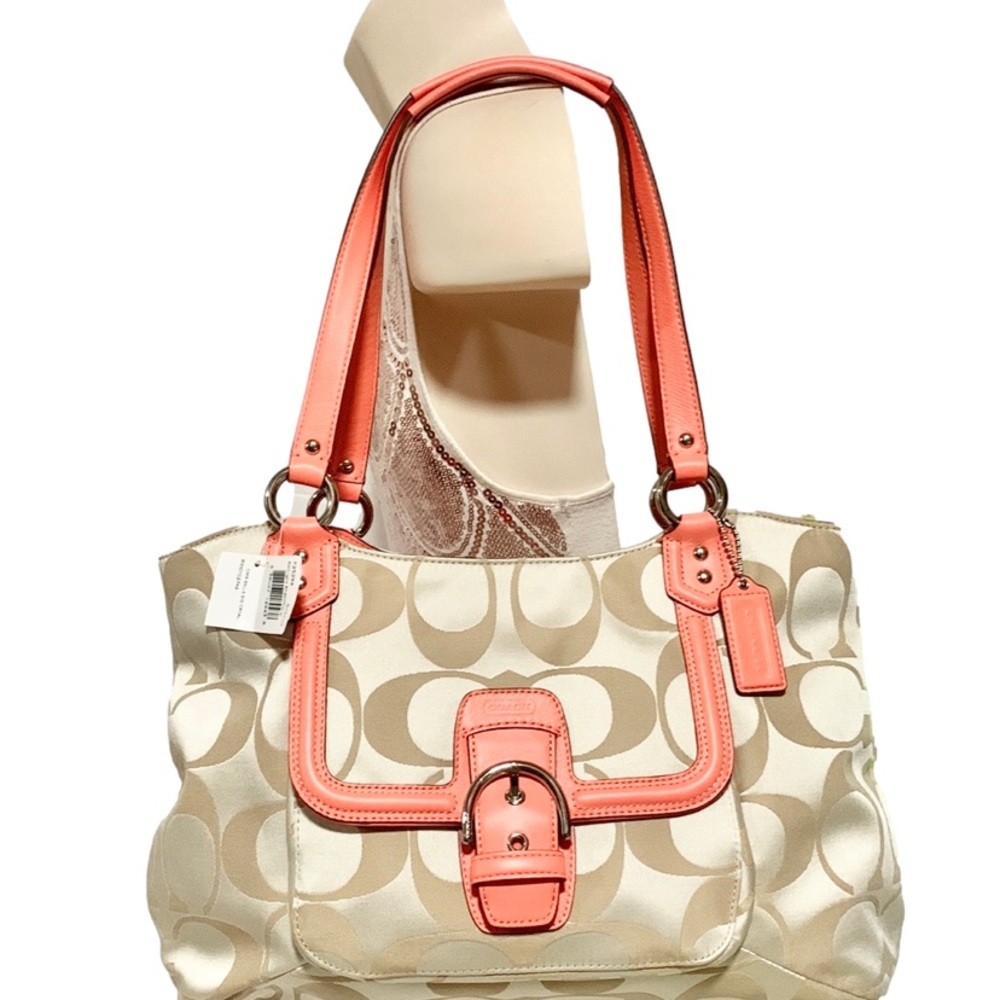 COACH F25294 LIGHT KHAKI CORAL CAMPBELL SIGNATURE LOGO BELLE CARRYALL TOTE MSRP
